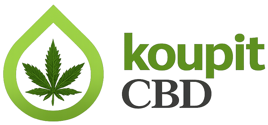 Moderní horizontální logo Koupit CBD se zeleným symbolem kapky s konopným listem a výrazným nápisem na transparentním pozadí.